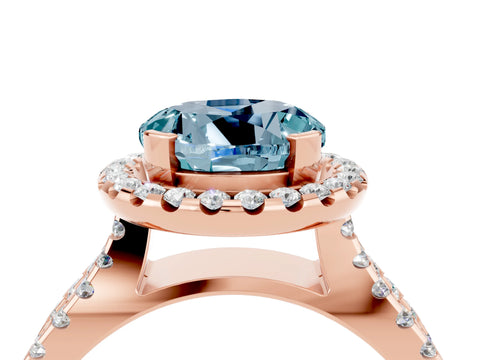 Rose gold Round Cut Aquamarine Halo Ring with Split Shank Pavé Band and Prong Setting_4