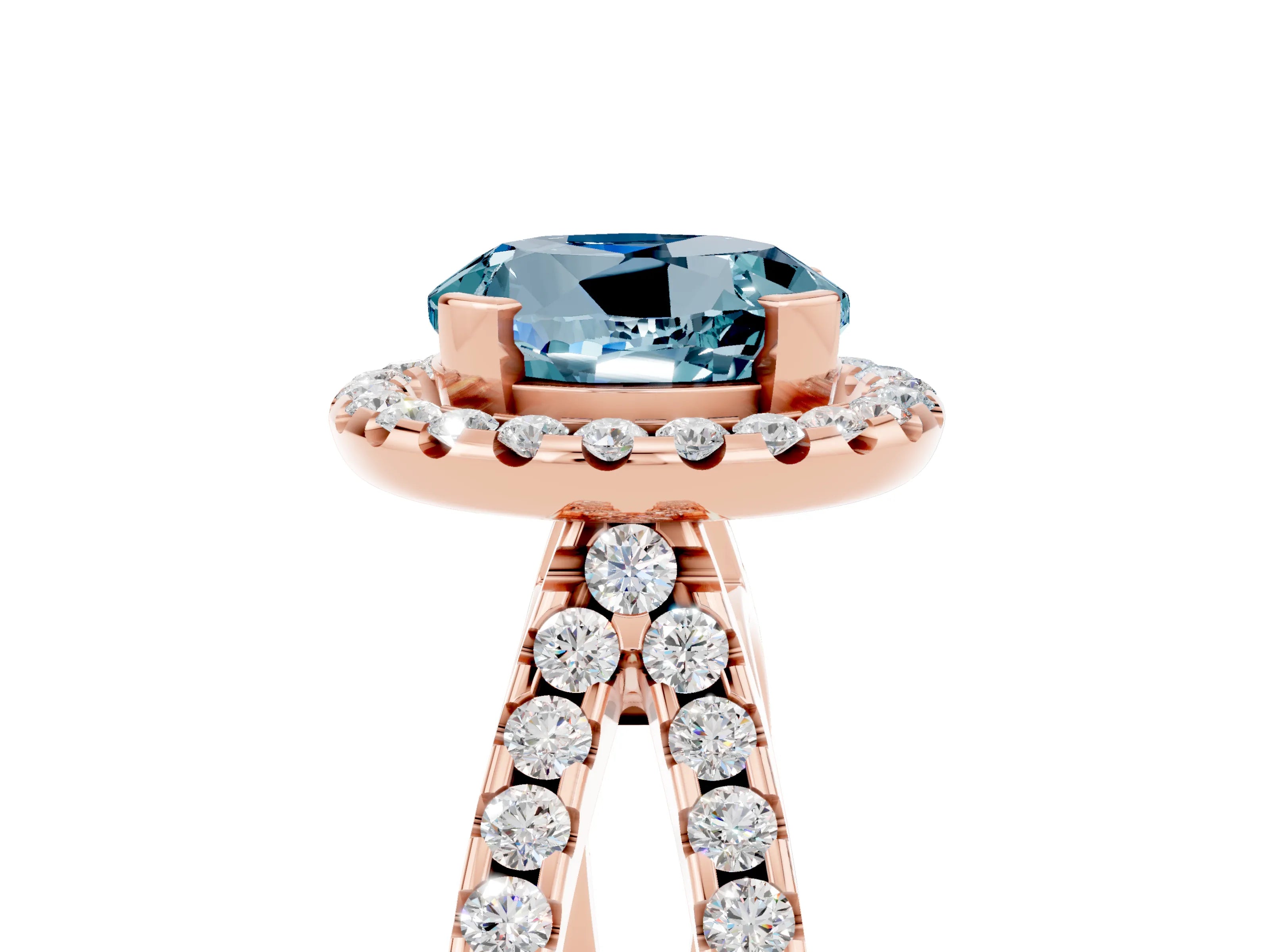 Rose gold Round Cut Aquamarine Halo Ring with Split Shank Pavé Band and Prong Setting_5