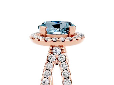 Rose gold Round Cut Aquamarine Halo Ring with Split Shank Pavé Band and Prong Setting_5