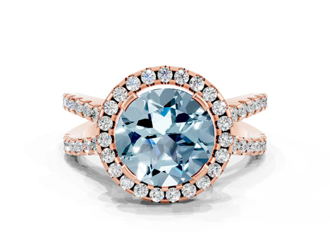 Rose gold Round Cut Aquamarine Halo Ring with Split Shank Pavé Band and Prong Setting