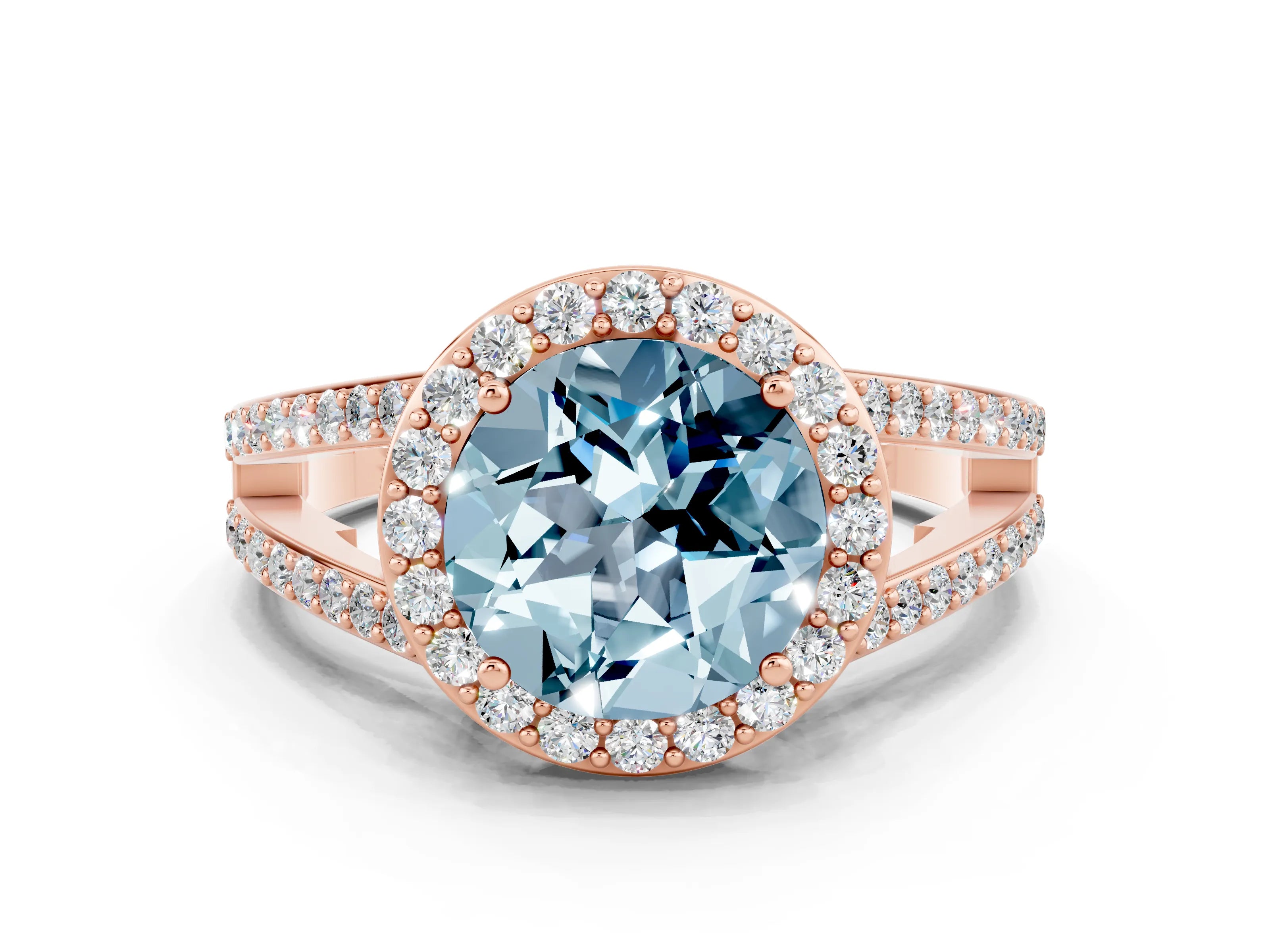 Rose gold Round Cut Aquamarine Halo Ring with Split Shank U-Prong Band and Four-Prong Setting