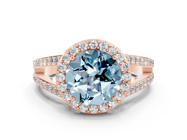 Rose gold Round Cut Aquamarine Halo Ring with Split Shank U-Prong Band and Four-Prong Setting