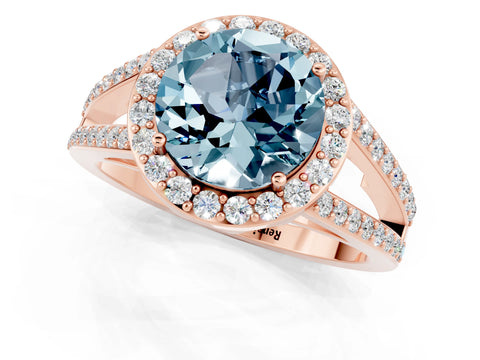 Rose gold Round Cut Aquamarine Halo Ring with Split Shank U-Prong Band and Four-Prong Setting_1