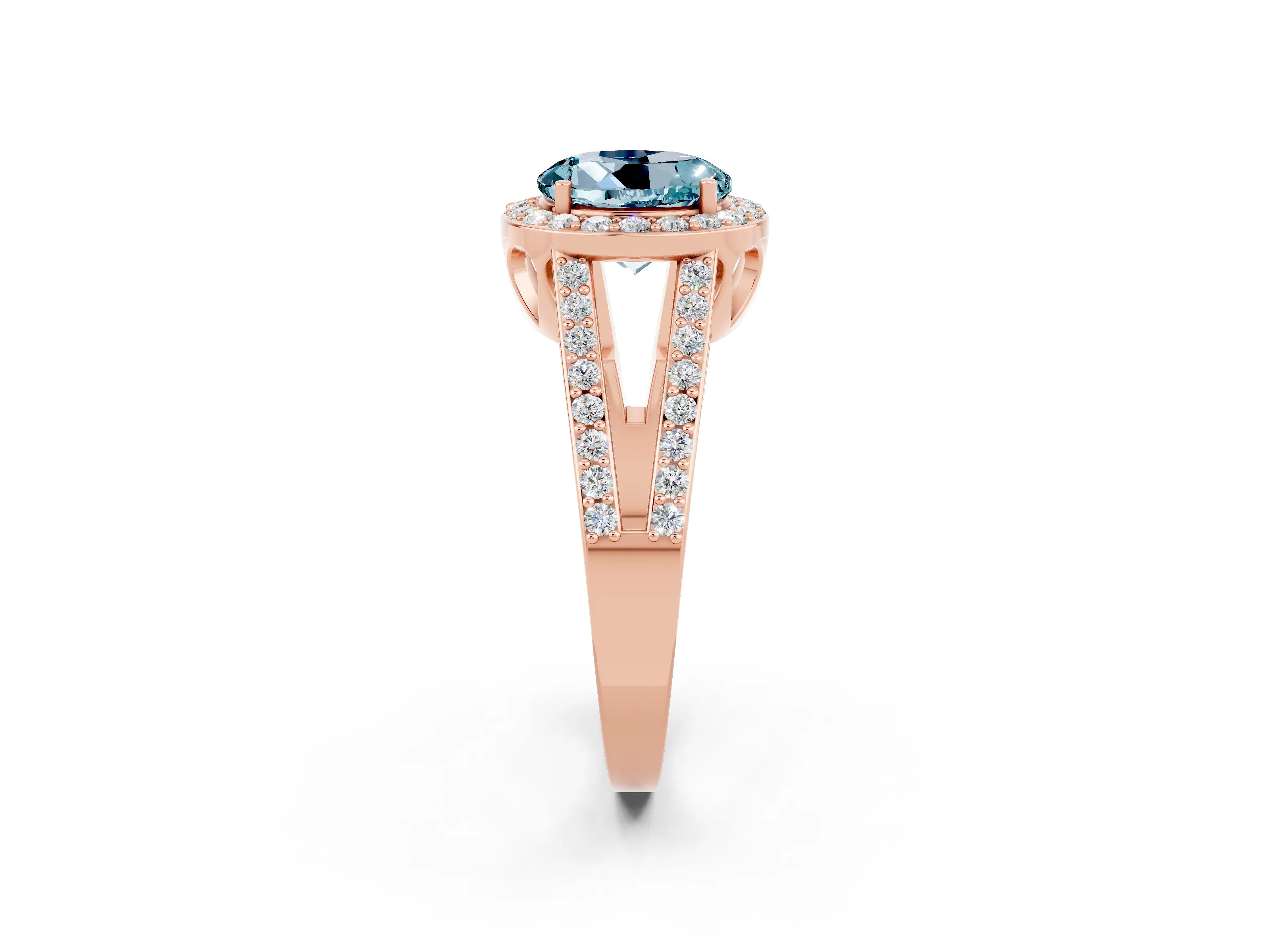 Rose gold Round Cut Aquamarine Halo Ring with Split Shank U-Prong Band and Four-Prong Setting_2