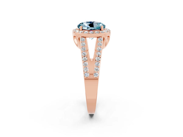 Rose gold Round Cut Aquamarine Halo Ring with Split Shank U-Prong Band and Four-Prong Setting