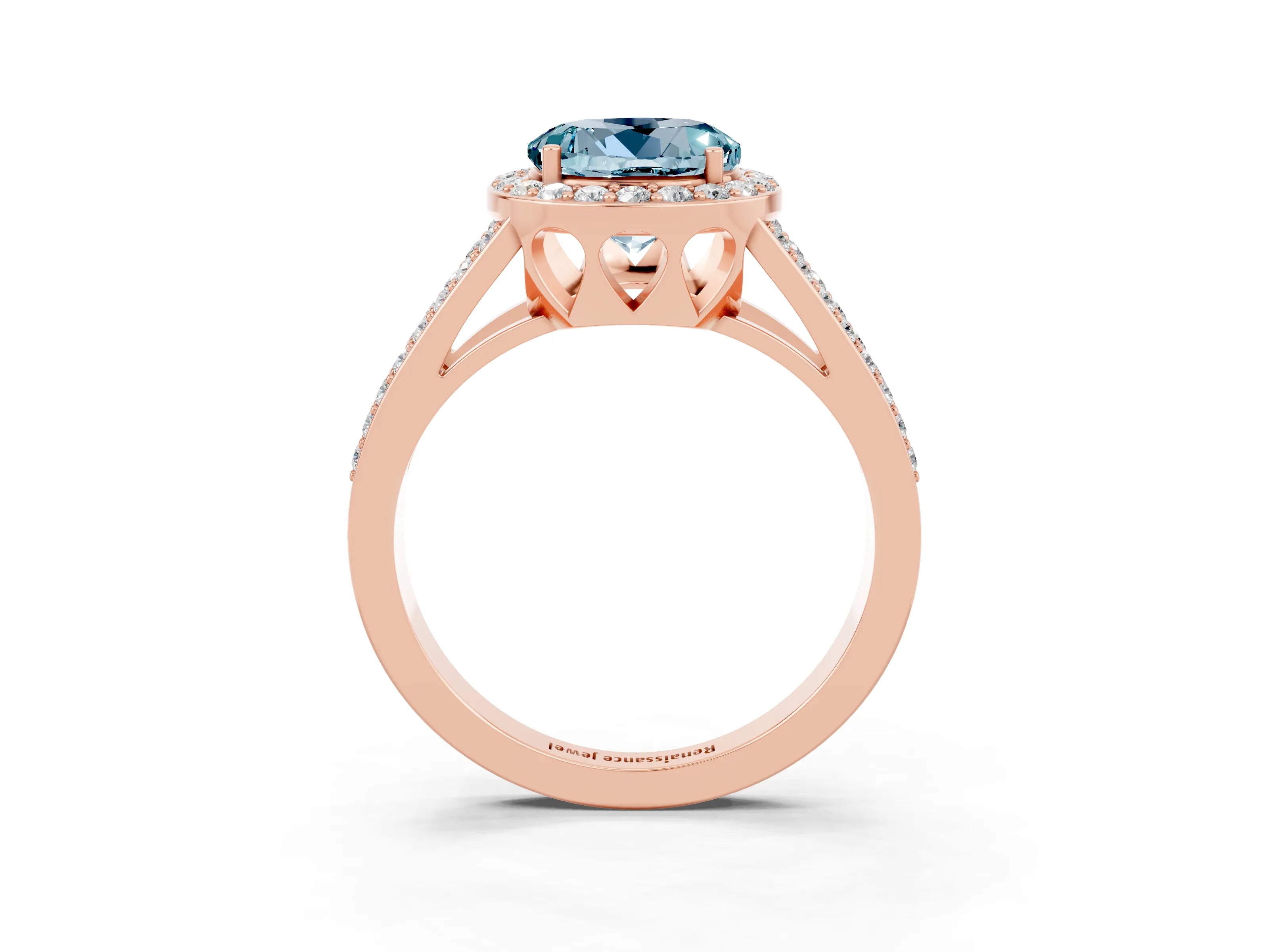 Rose gold Round Cut Aquamarine Halo Ring with Split Shank U-Prong Band and Four-Prong Setting_3