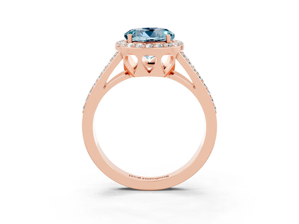 Rose gold Round Cut Aquamarine Halo Ring with Split Shank U-Prong Band and Four-Prong Setting