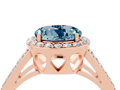 Rose gold Round Cut Aquamarine Halo Ring with Split Shank U-Prong Band and Four-Prong Setting_4
