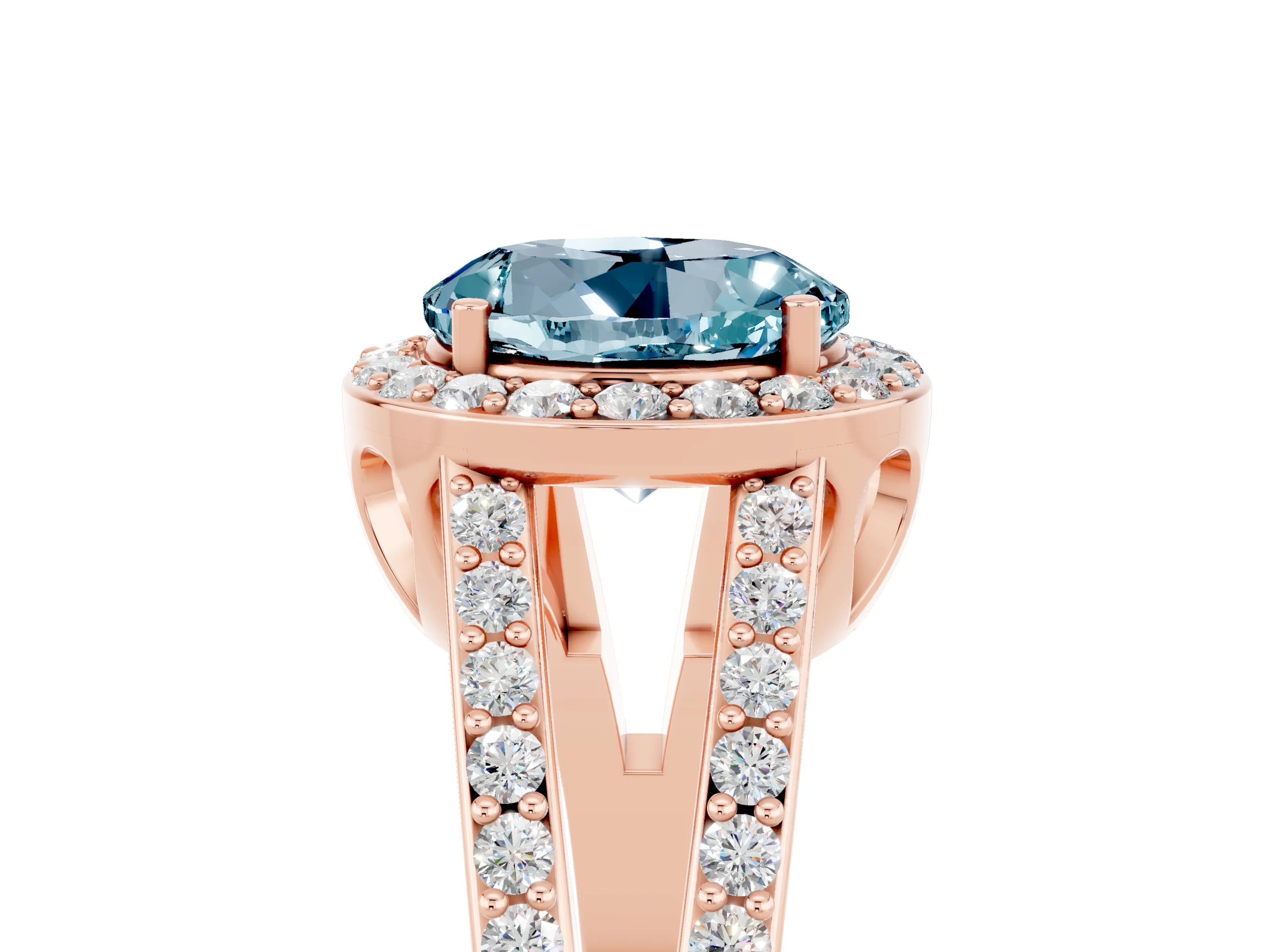 Rose gold Round Cut Aquamarine Halo Ring with Split Shank U-Prong Band and Four-Prong Setting_5