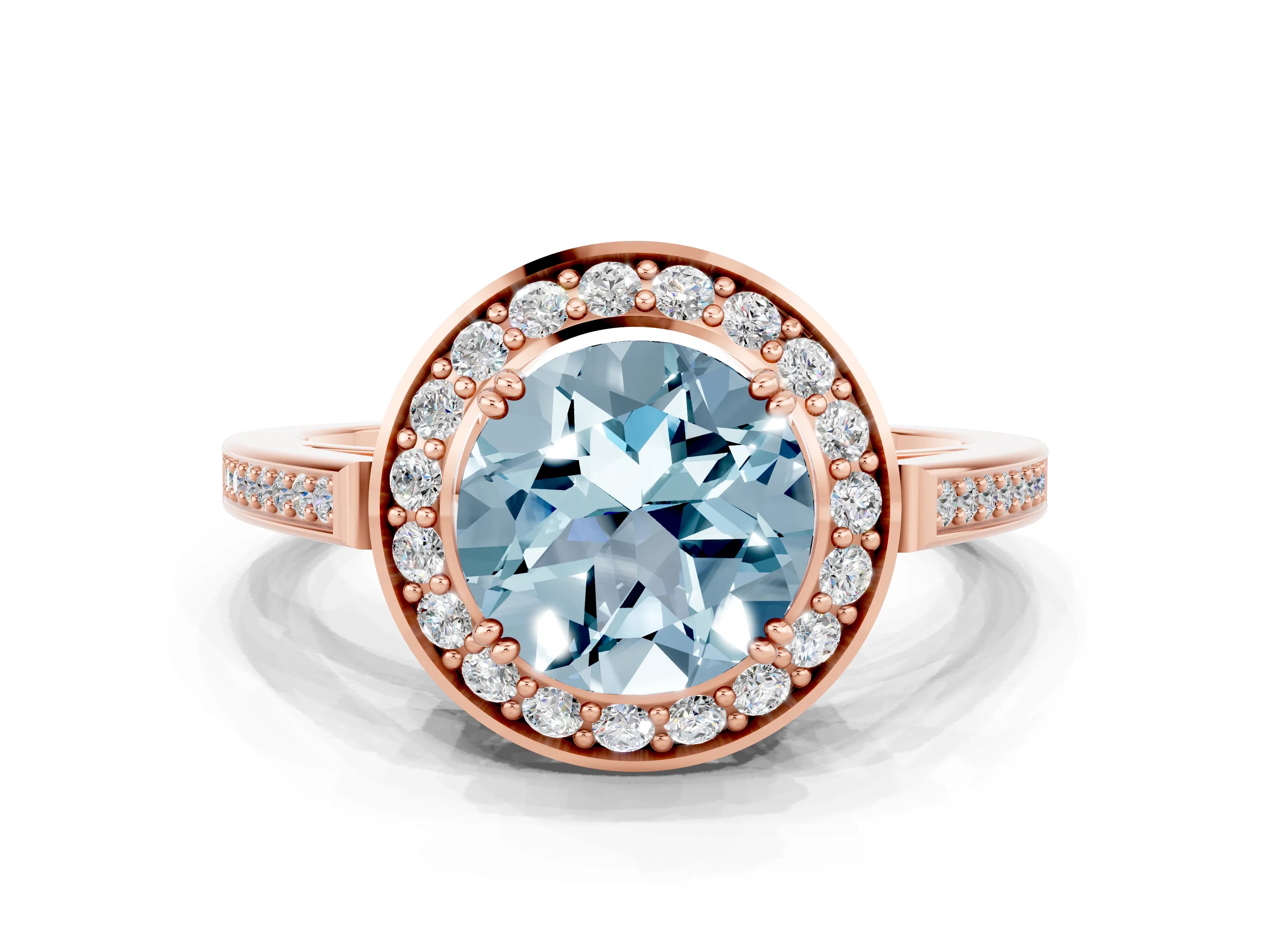 Rose gold Round Cut Aquamarine Halo Ring with Split Shank and Four-Prong Setting