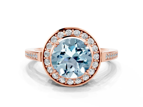 Rose gold Round Cut Aquamarine Halo Ring with Split Shank and Four-Prong Setting