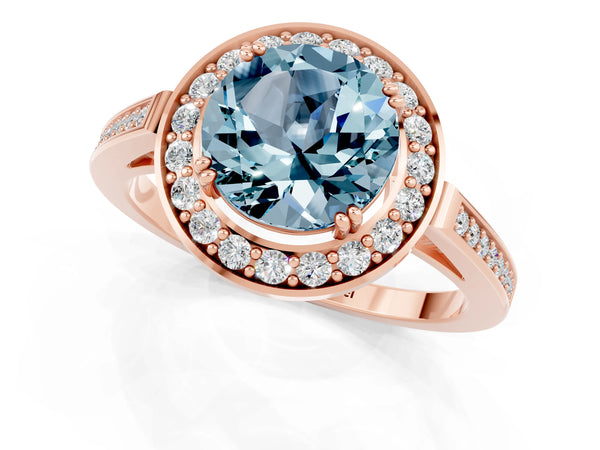 Rose gold Round Cut Aquamarine Halo Ring with Split Shank and Four-Prong Setting