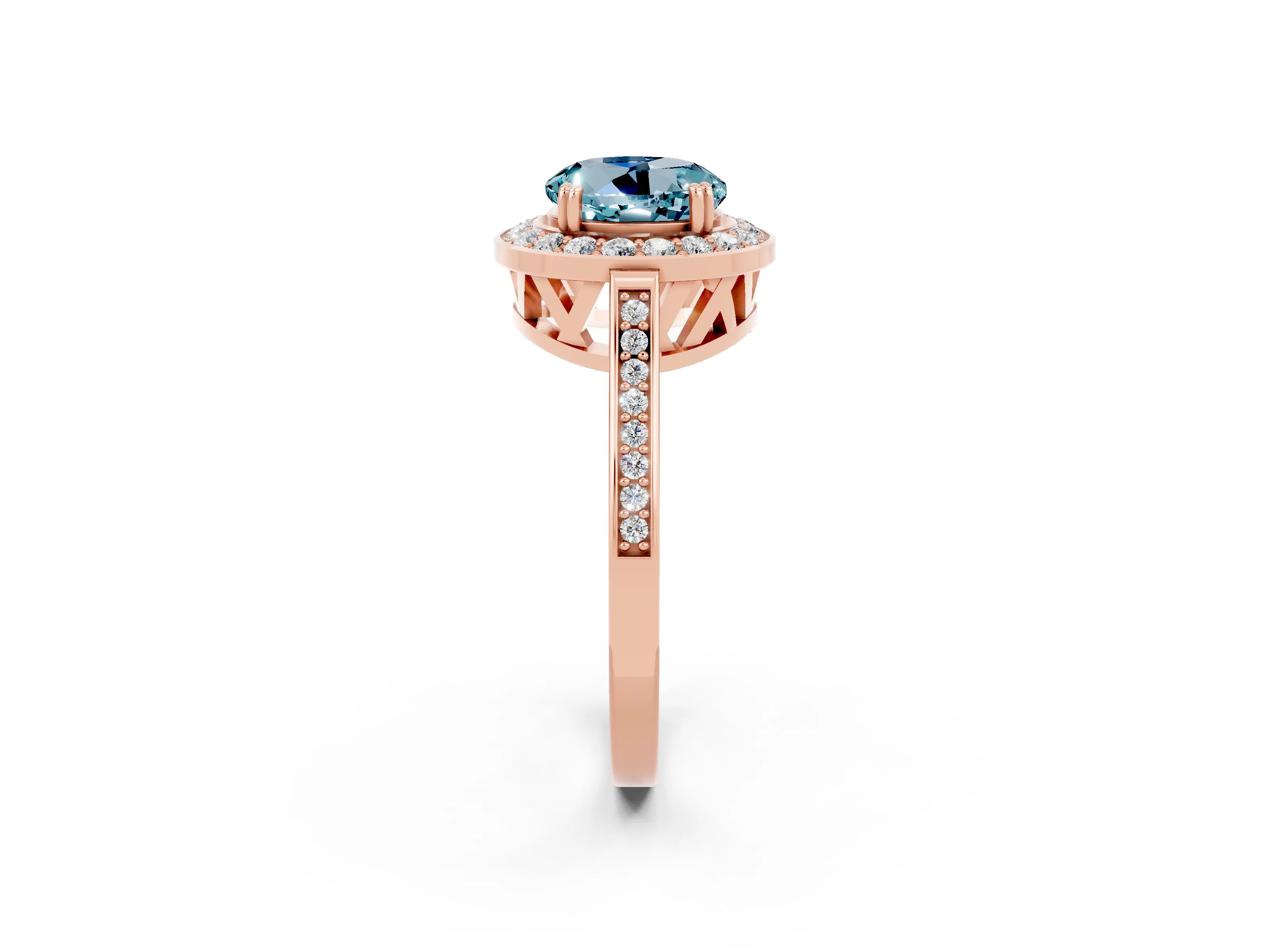 Rose gold Round Cut Aquamarine Halo Ring with Split Shank and Four-Prong Setting_2