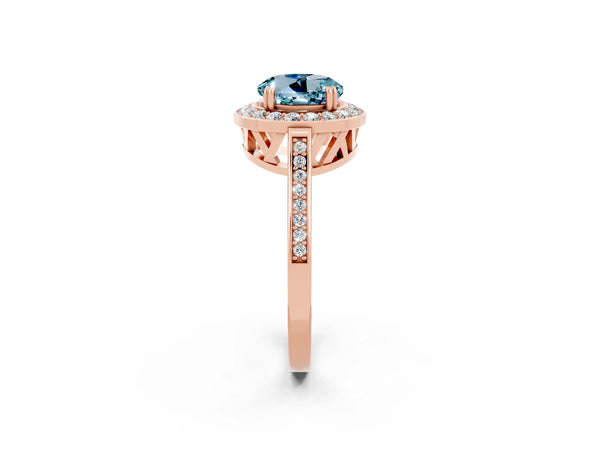 Rose gold Round Cut Aquamarine Halo Ring with Split Shank and Four-Prong Setting