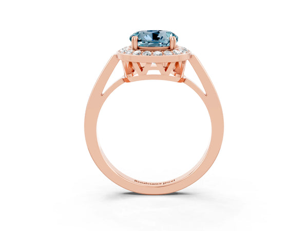 Rose gold Round Cut Aquamarine Halo Ring with Split Shank and Four-Prong Setting