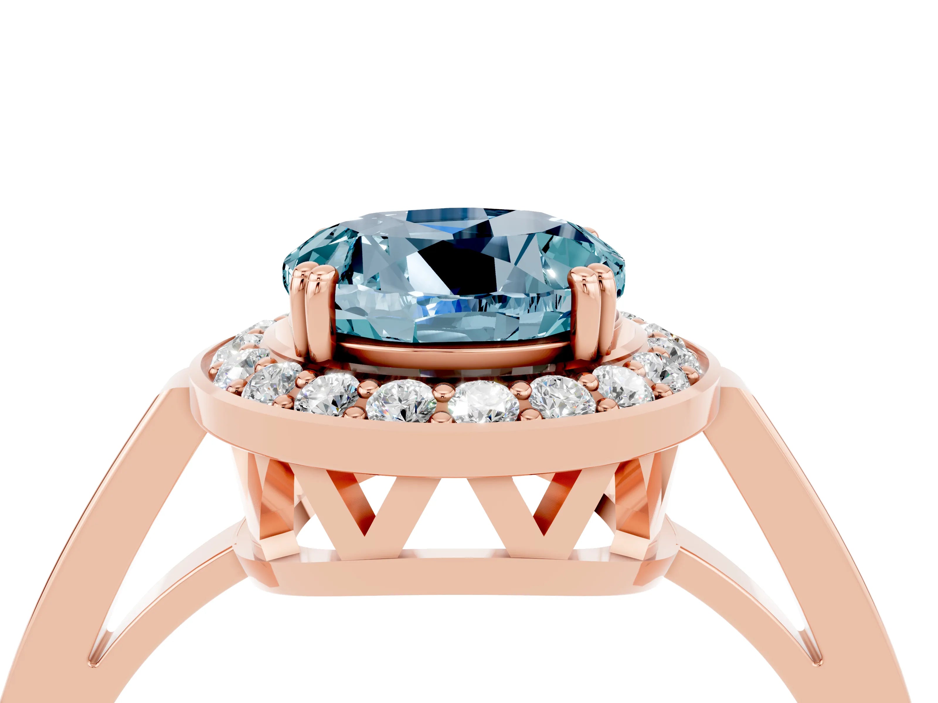 Rose gold Round Cut Aquamarine Halo Ring with Split Shank and Four-Prong Setting_4