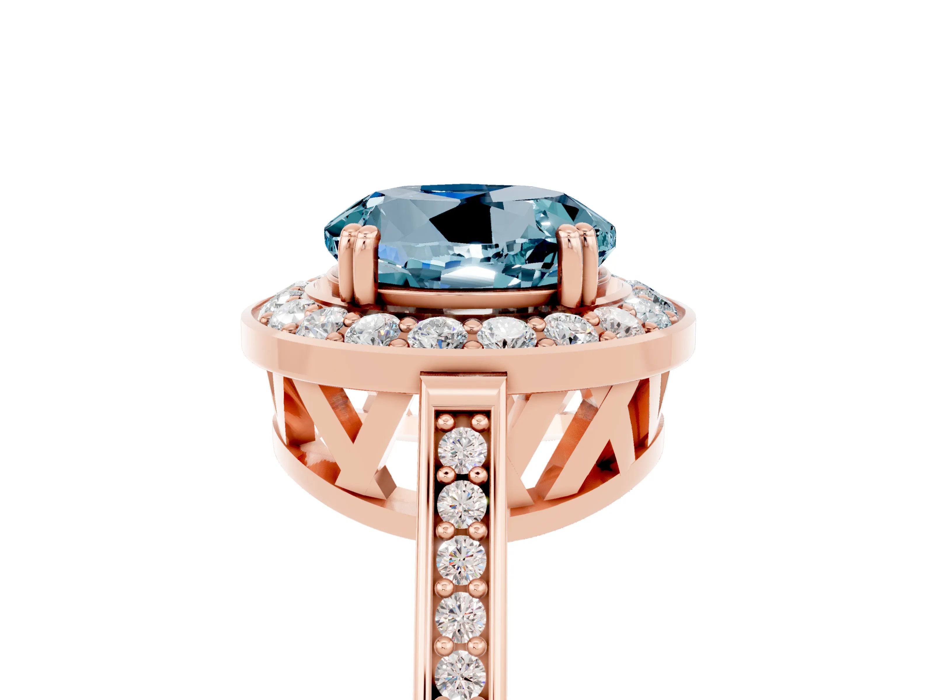 Rose gold Round Cut Aquamarine Halo Ring with Split Shank and Four-Prong Setting_5
