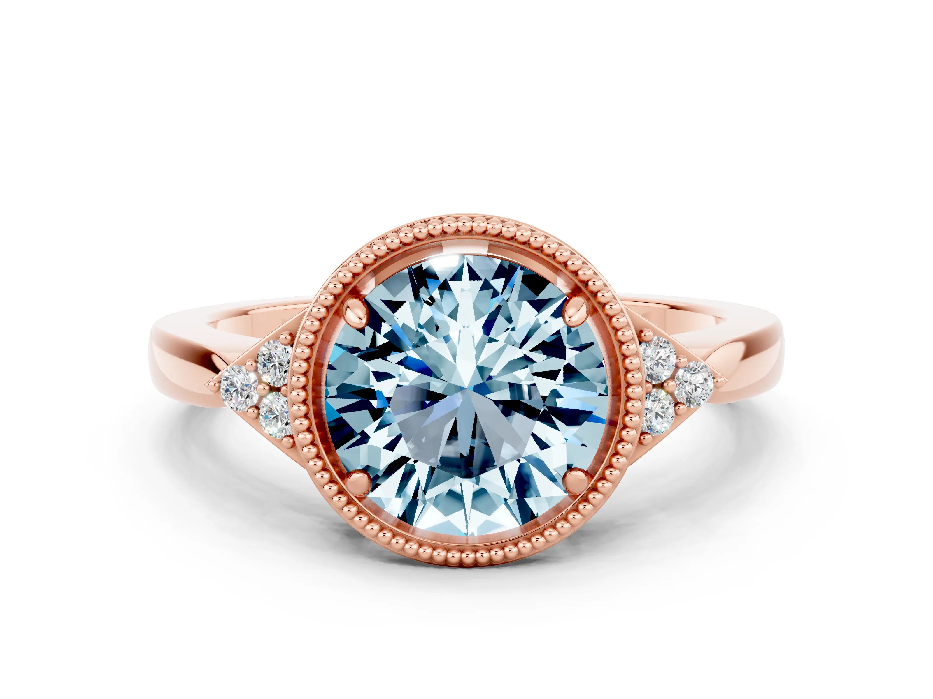 Rose gold Round Cut Aquamarine Halo Ring with Tapered Band and Four-Prong Setting