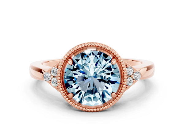 Rose gold Round Cut Aquamarine Halo Ring with Tapered Band and Four-Prong Setting