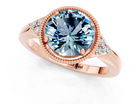 Rose gold Round Cut Aquamarine Halo Ring with Tapered Band and Four-Prong Setting_1