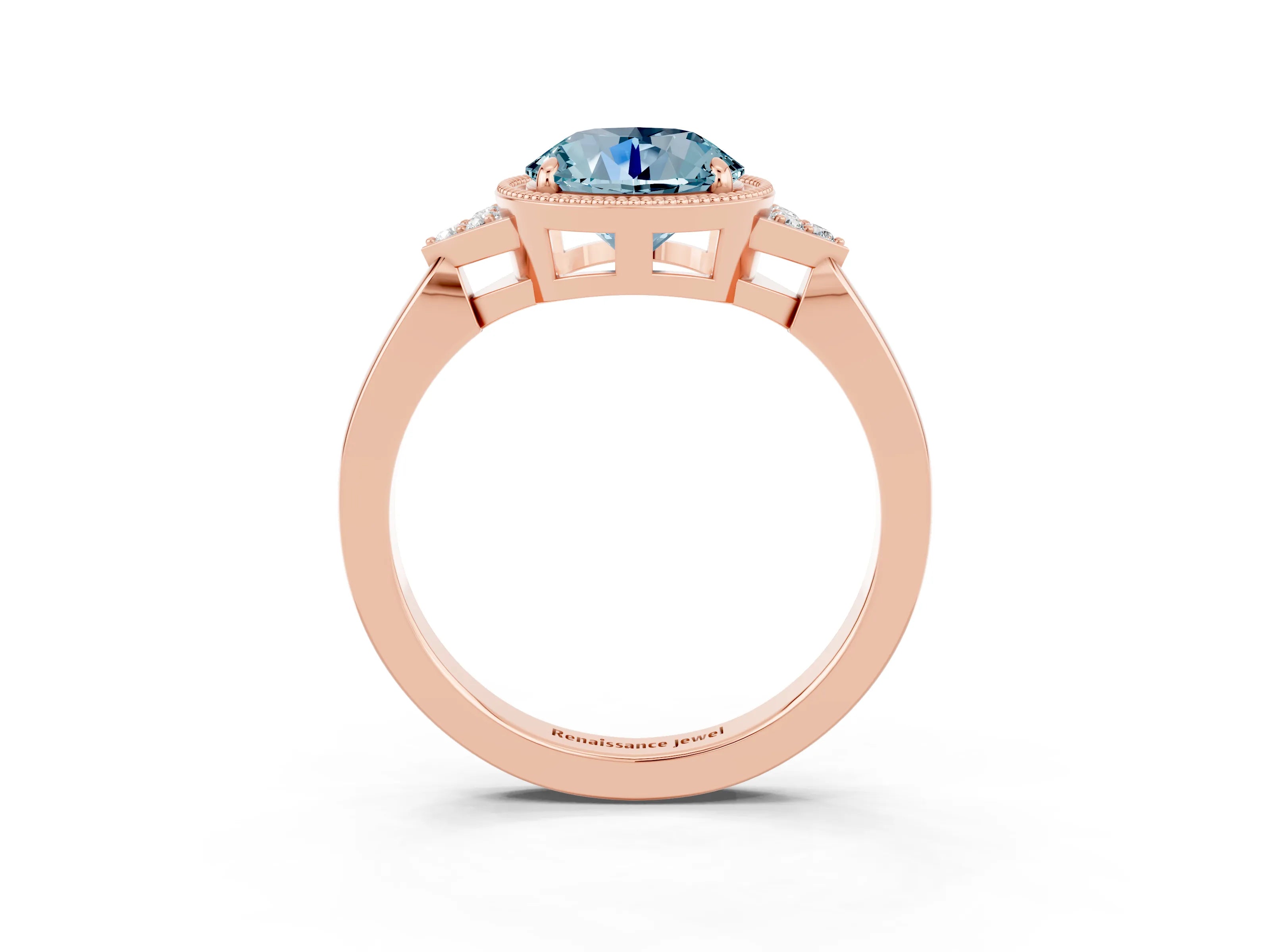 Rose gold Round Cut Aquamarine Halo Ring with Tapered Band and Four-Prong Setting_3