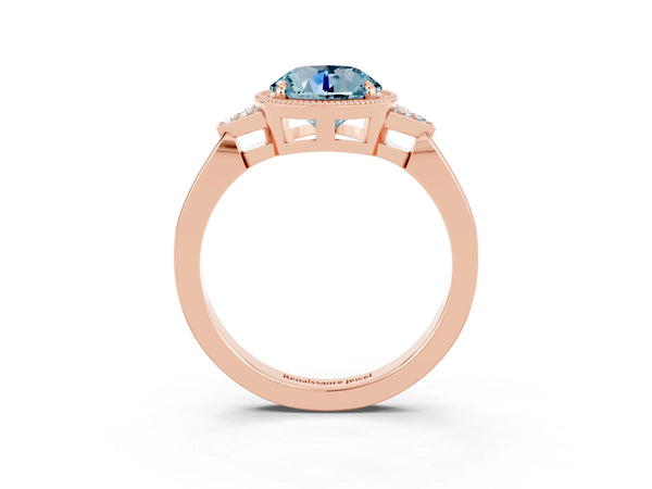 Rose gold Round Cut Aquamarine Halo Ring with Tapered Band and Four-Prong Setting