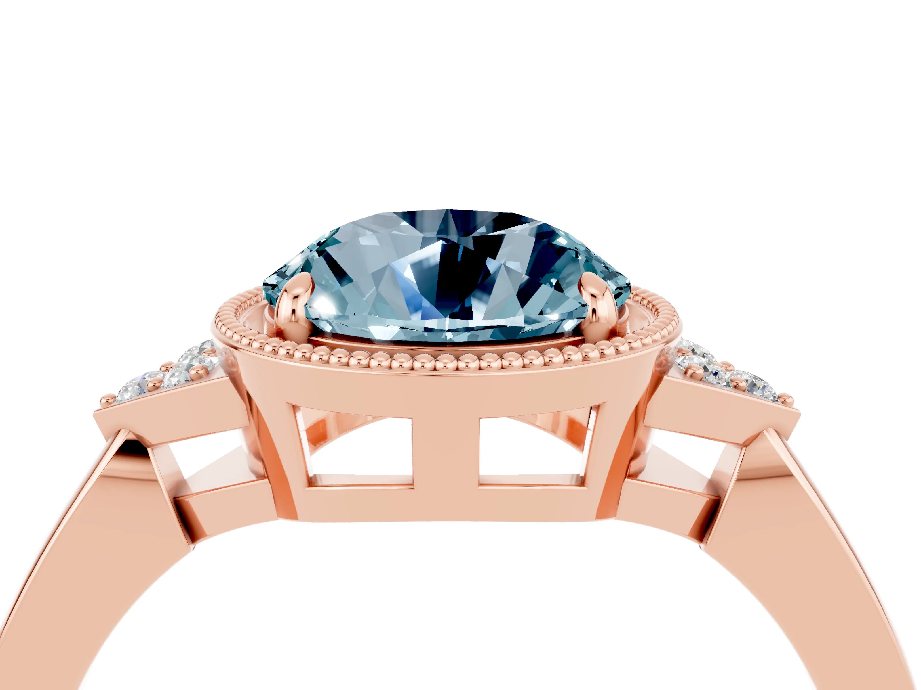 Rose gold Round Cut Aquamarine Halo Ring with Tapered Band and Four-Prong Setting_4