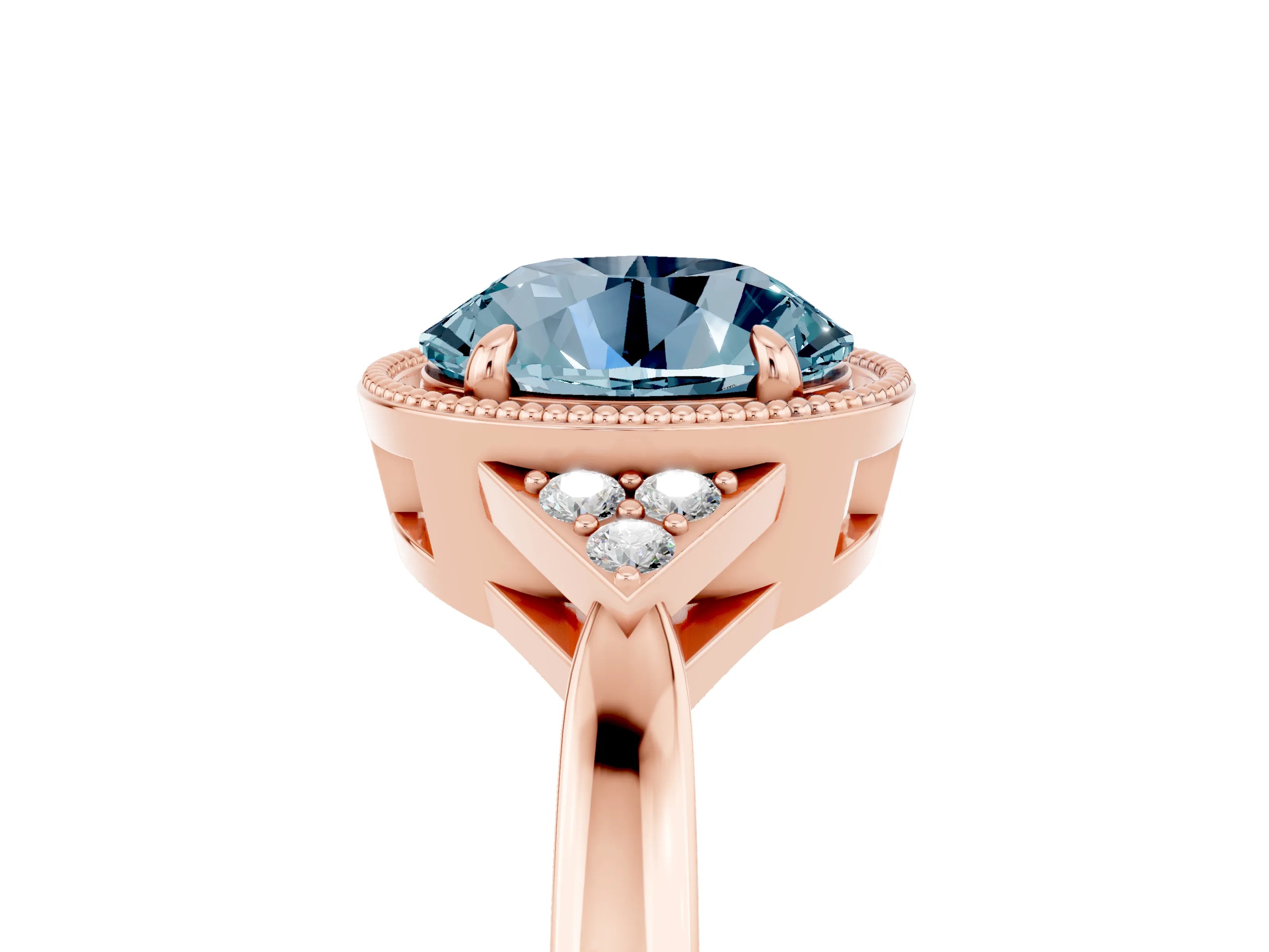 Rose gold Round Cut Aquamarine Halo Ring with Tapered Band and Four-Prong Setting_5