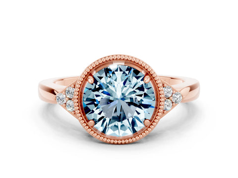 Rose gold Round Cut Aquamarine Halo Ring with Tapered Band and Four-Prong Setting