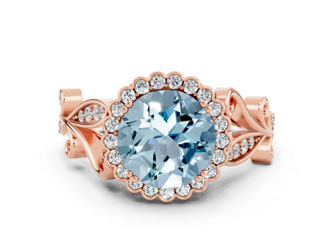 Rose gold Round Cut Aquamarine Halo Ring with Vintage Split Shank and Four-Prong Setting_31