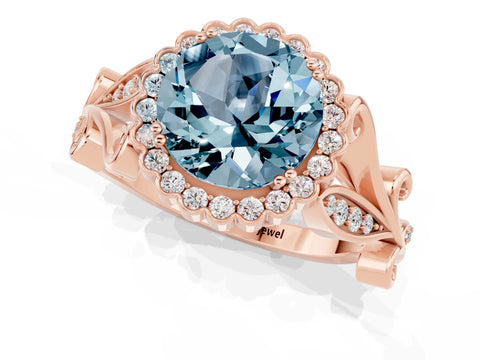 Rose gold Round Cut Aquamarine Halo Ring with Vintage Split Shank and Four-Prong Setting_32