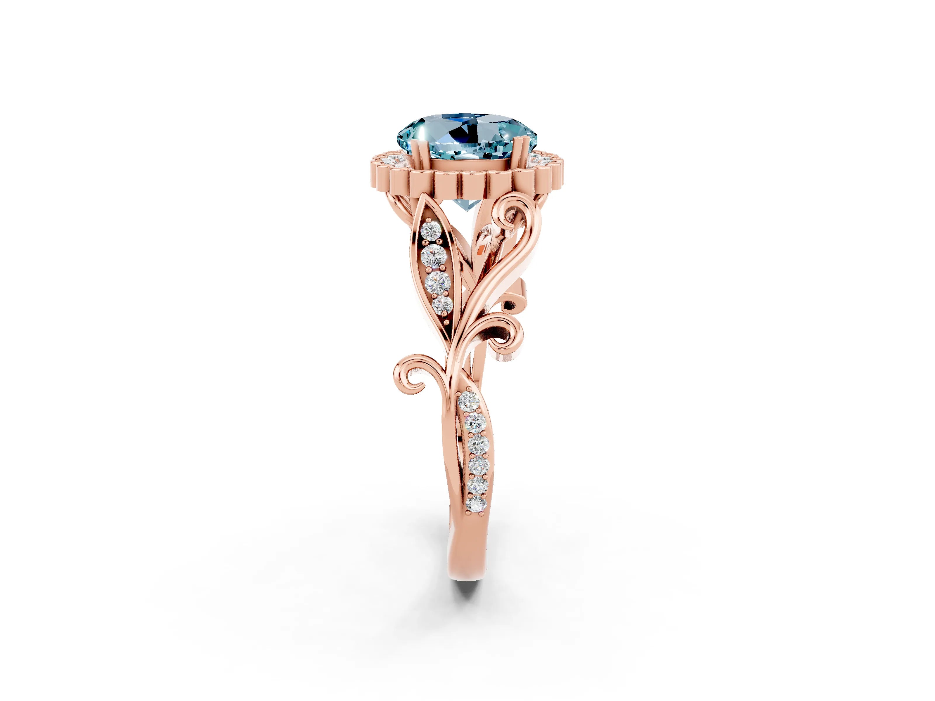 Rose gold Round Cut Aquamarine Halo Ring with Vintage Split Shank and Four-Prong Setting_33