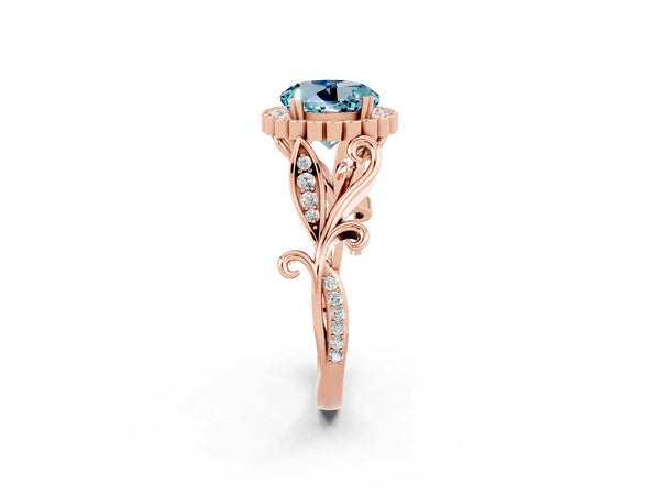 Rose gold Round Cut Aquamarine Halo Ring with Vintage Split Shank and Four-Prong Setting