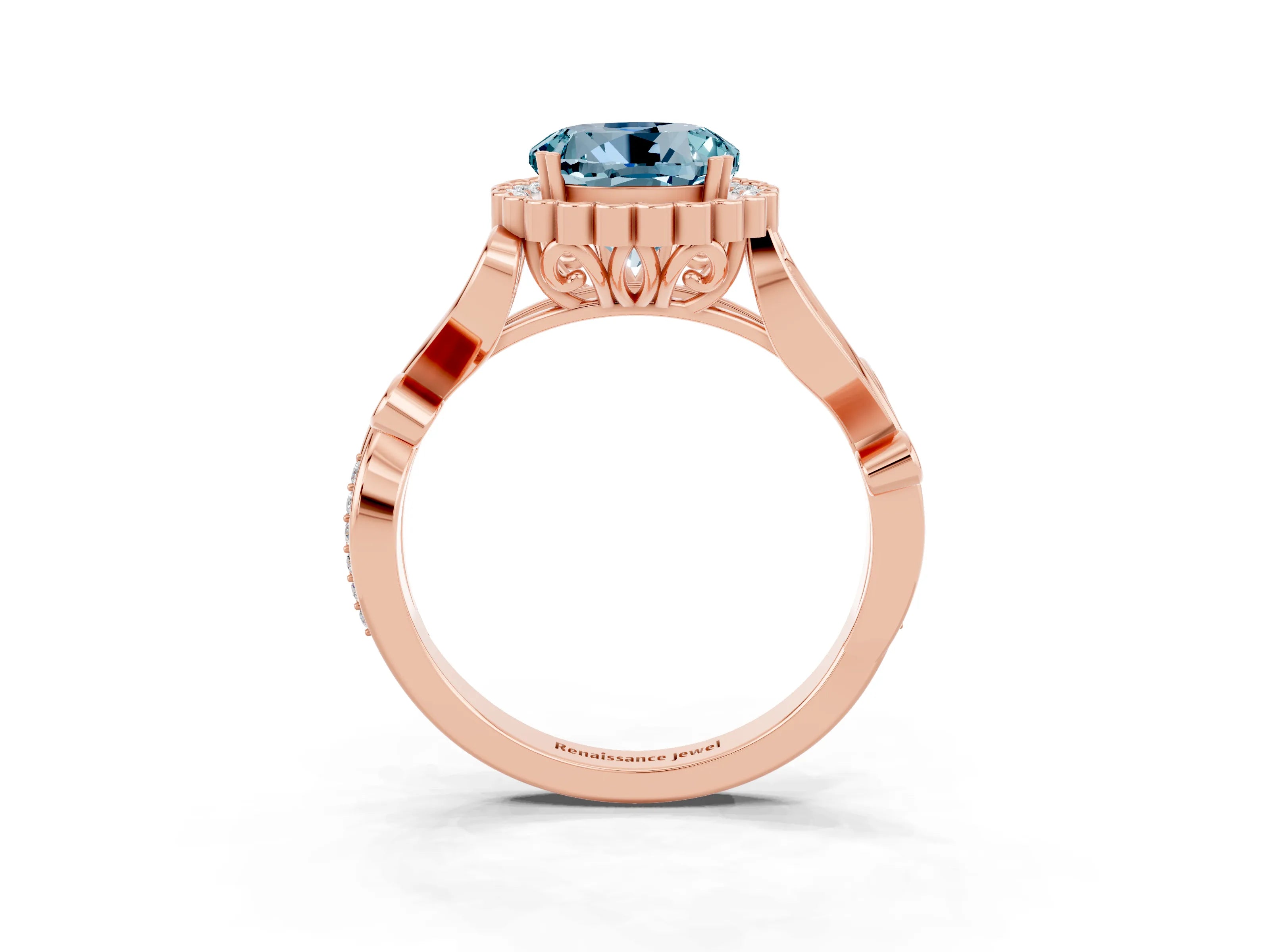 Rose gold Round Cut Aquamarine Halo Ring with Vintage Split Shank and Four-Prong Setting_34