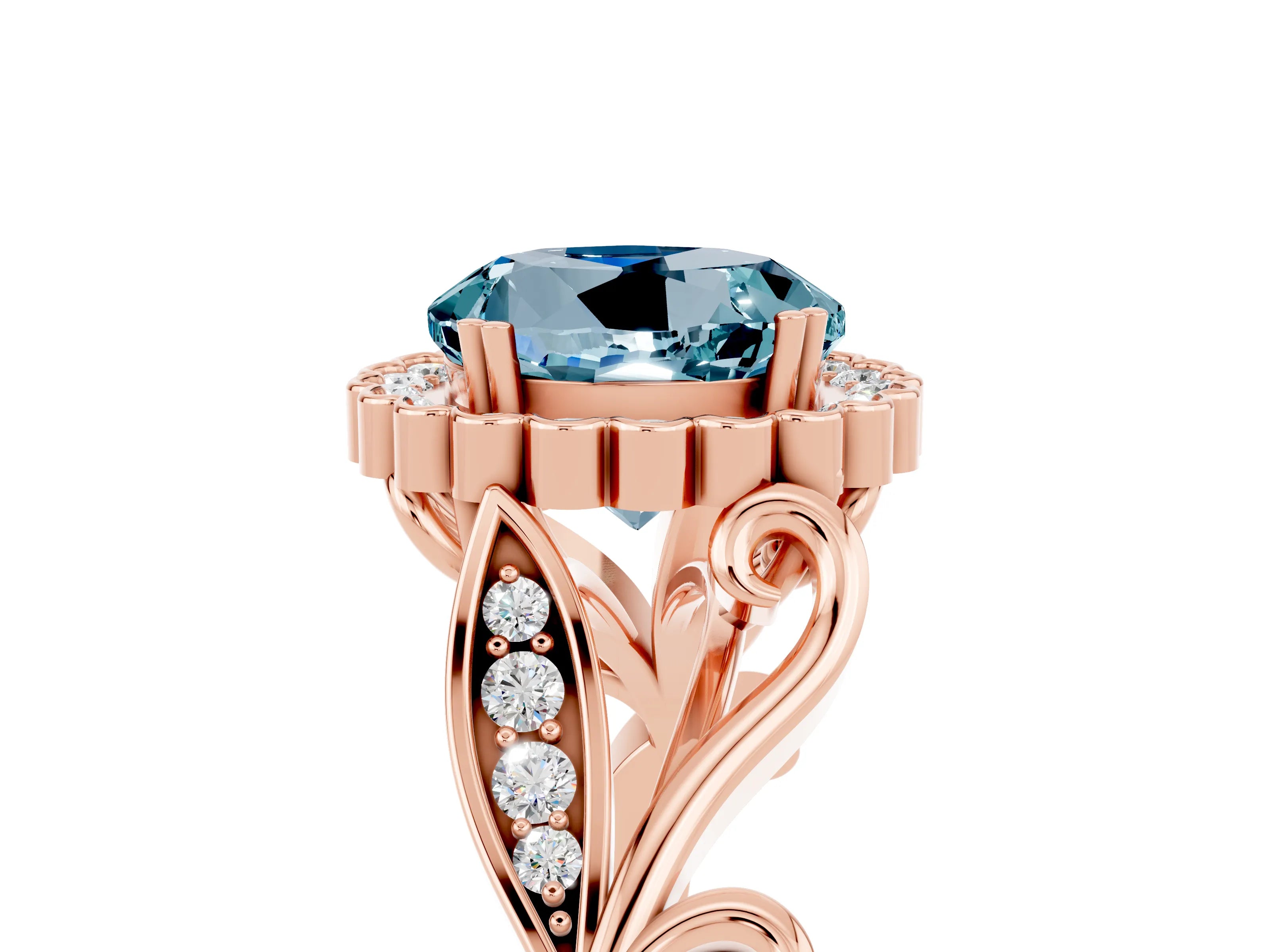 Rose gold Round Cut Aquamarine Halo Ring with Vintage Split Shank and Four-Prong Setting_36