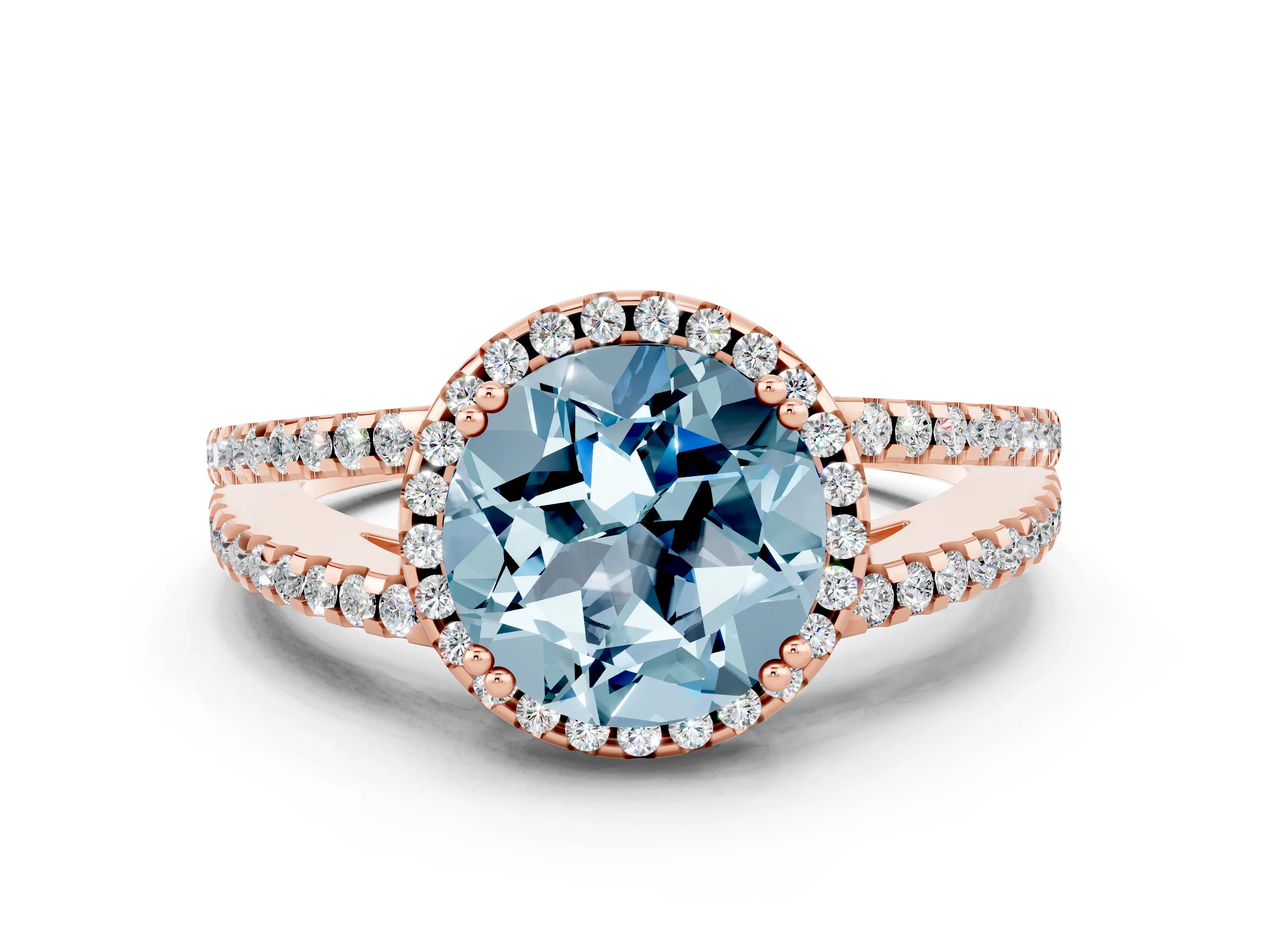 Rose gold Round Cut Aquamarine Halo Split Shank Engagement Ring_12
