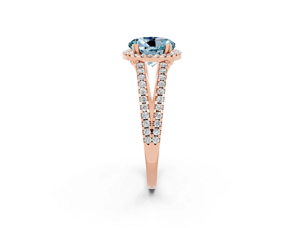 Rose gold Round Cut Aquamarine Halo Split Shank Engagement Ring