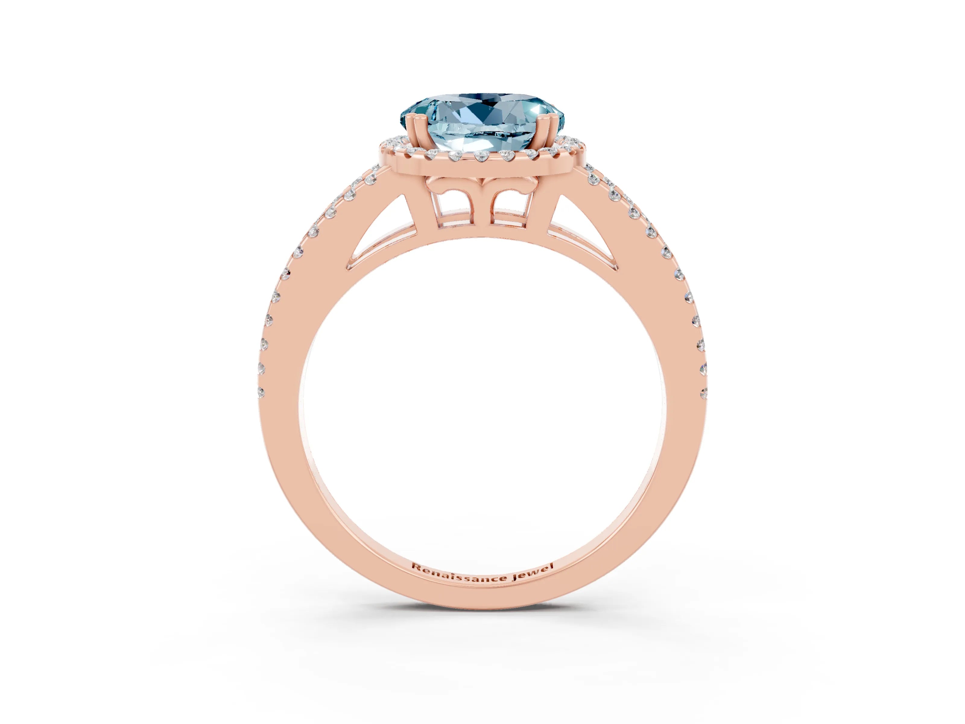 Rose gold Round Cut Aquamarine Halo Split Shank Engagement Ring_15