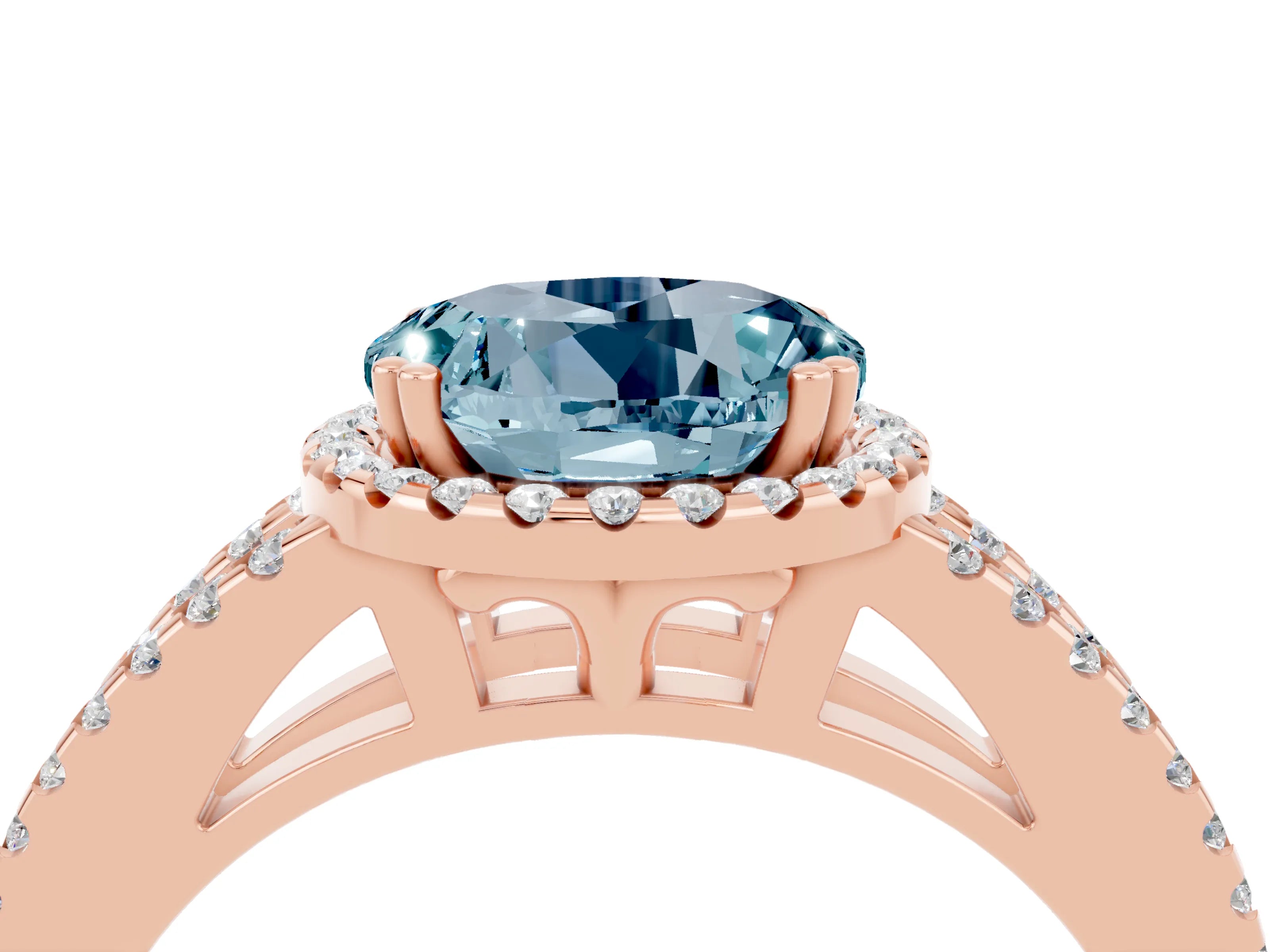 Rose gold Round Cut Aquamarine Halo Split Shank Engagement Ring_16