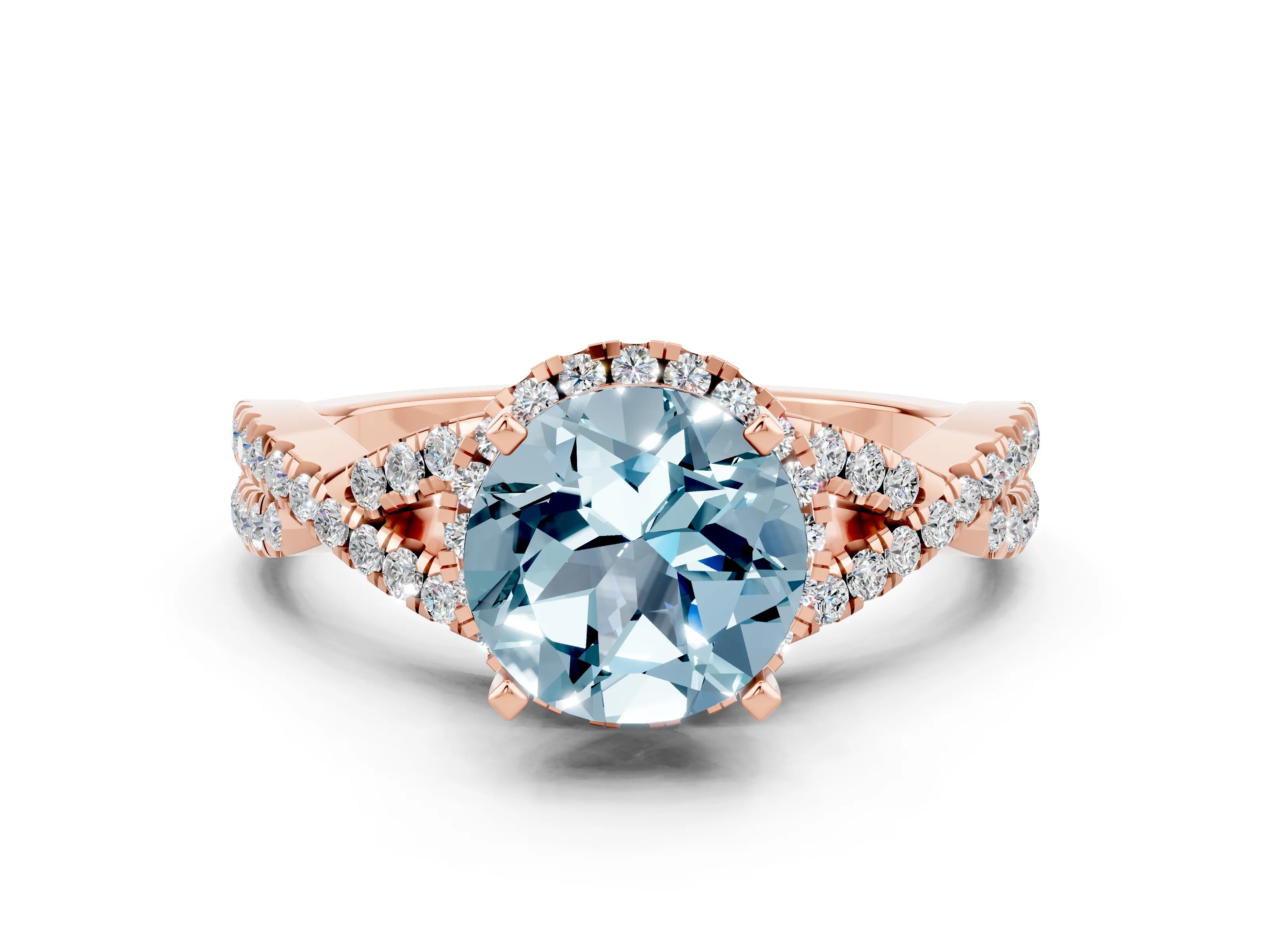 Rose gold Round Cut Aquamarine Halo Twist Band Solitaire Prong Setting Ring