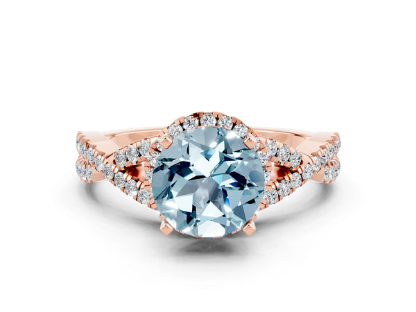 Rose gold Round Cut Aquamarine  Halo Twist Band Solitaire Prong Setting Ring