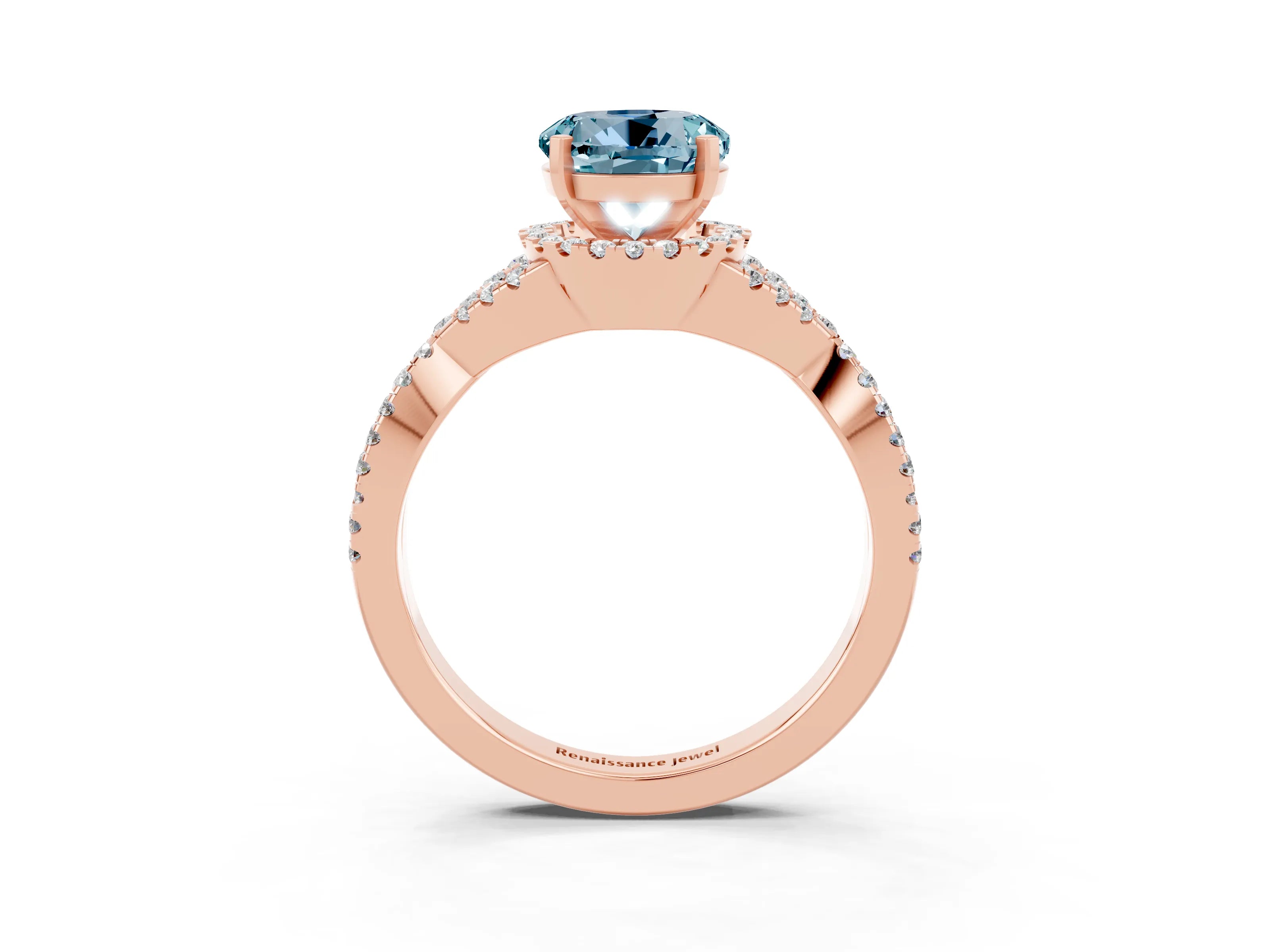 Rose gold Round Cut Aquamarine Halo Twist Band Solitaire Prong Setting Ring_3
