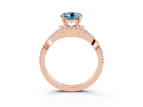 Rose gold Round Cut Aquamarine  Halo Twist Band Solitaire Prong Setting Ring
