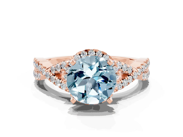 Rose gold Round Cut Aquamarine  Halo Twist Band Solitaire Prong Setting Ring