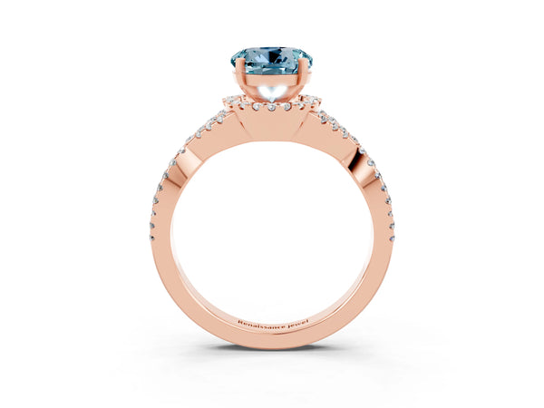 Rose gold Round Cut Aquamarine  Halo Twist Band Solitaire Prong Setting Ring