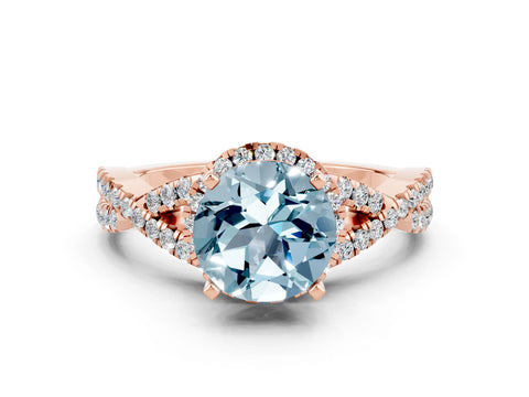 Rose gold Round Cut Aquamarine Halo Twist Band Solitaire Prong Setting Ring