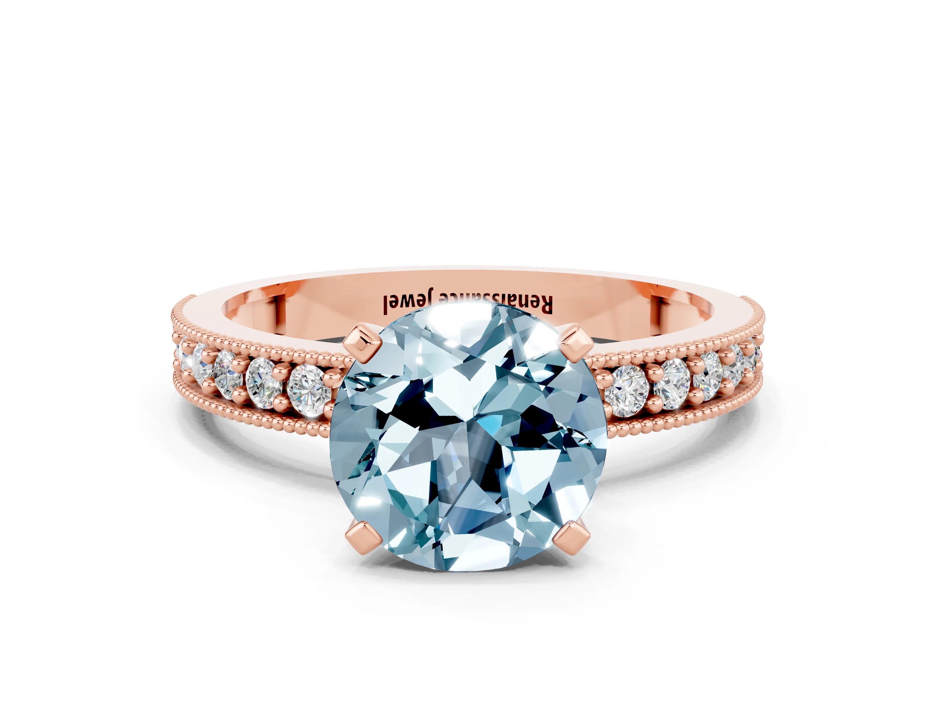 Rose gold Round Cut Aquamarine Milgrain Pavé Engagement Ring with Four-Prong Setting