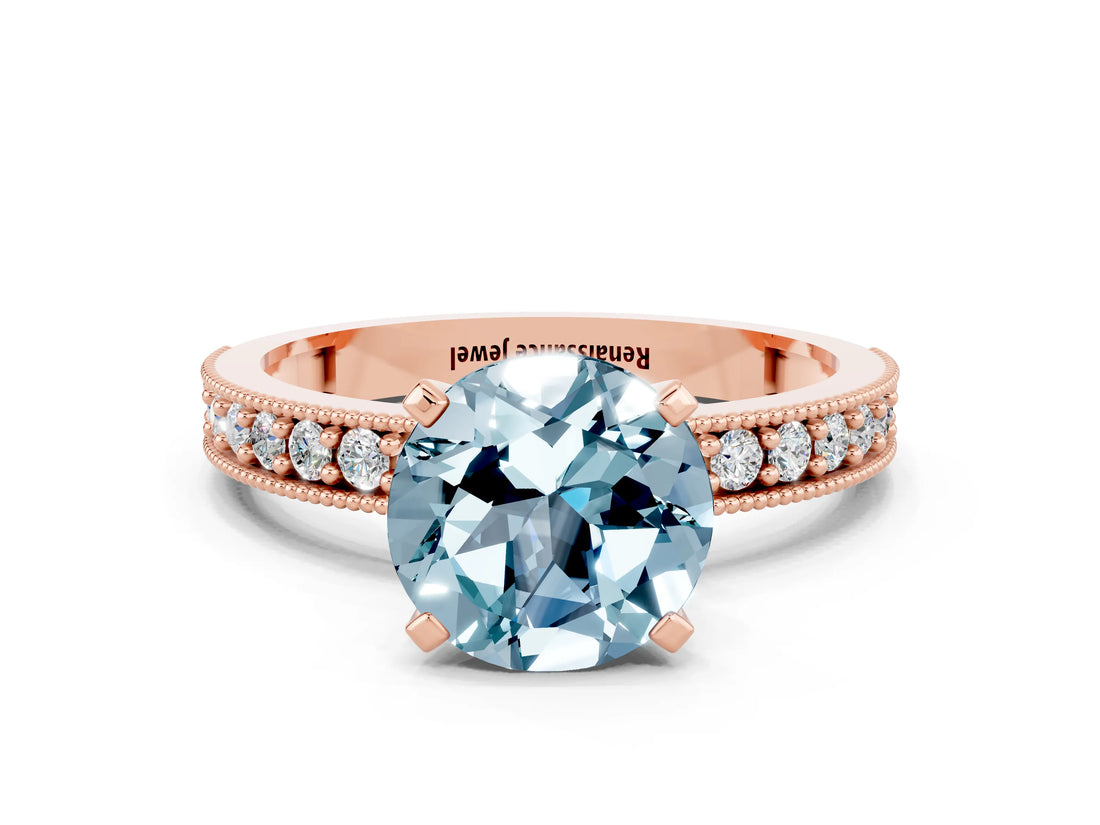 Rose gold Round Cut Aquamarine Milgrain Pavé Engagement Ring with Four-Prong Setting