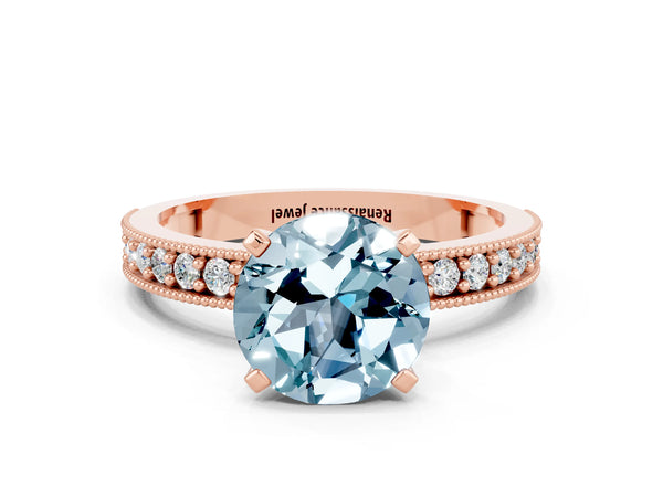 Rose gold Round Cut Aquamarine Milgrain Pavé Engagement Ring with Four-Prong Setting