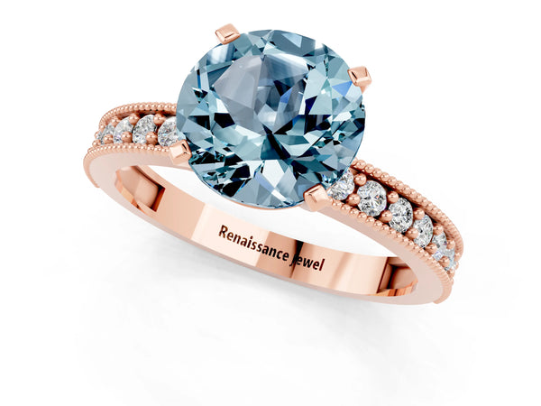 Rose gold Round Cut Aquamarine Milgrain Pavé Engagement Ring with Four-Prong Setting